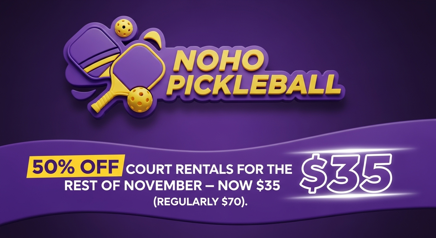 Players rallying on a pickleball court at NoHo Pickleball in North Hollywood